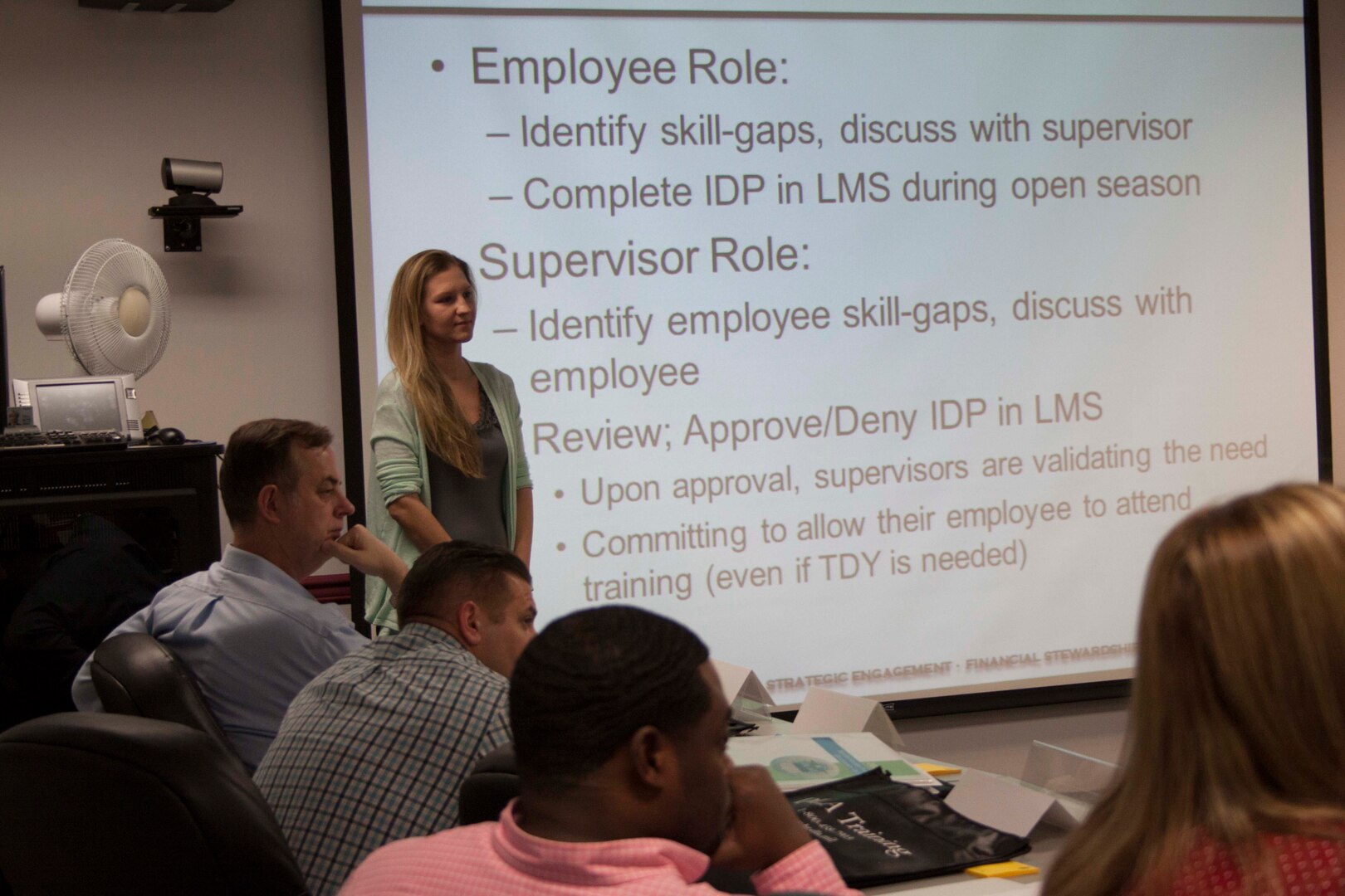 Jessica Bradshaw, DLA Distribution Forward Presence Training Team member, provides a live training session on the Learning Management System and Individual Development Plans for training coordinators at DLA Distribution. 