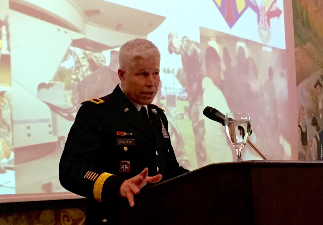 Army Reserve Brig. Gen. Arlan DeBlieck, commanding general of the 7th Mission Support Command and deputy commanding general of the 21st Theater Sustainment Command, speaks Wednesday, March 16, 2015 during the American Society of Military Comptrollers professional development event in Garmisch, Germany at the Edelweiss Lodge. (Photo by 1st Lt. Stevie N. Hasenfus)