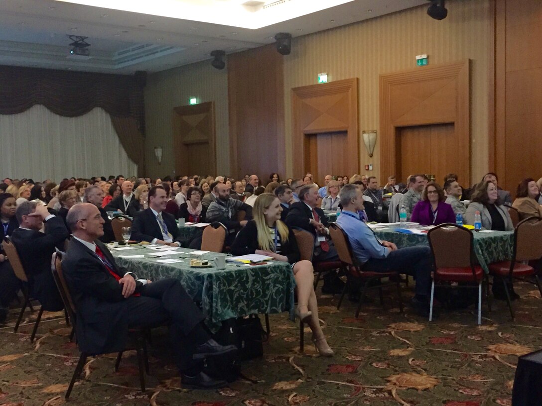 Military comptrollers listen to Army Reserve Brig. Gen. Arlan DeBlieck, commanding general of the 7th Mission Support Command and deputy commanding general of the 21st Theater Sustainment Command, Wednesday, March 16, 2015 during the American Society of Military Comptrollers professional development event in Garmisch, Germany at the Edelweiss Lodge. (Photo by 1st Lt. Stevie N. Hasenfus)