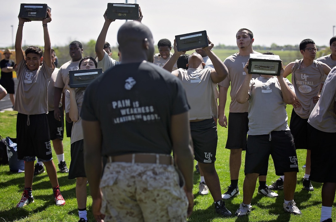 Marines from Recruiting Sub-Station Waco, Texas, hosted a Combat Fitness Test for high school football athletes from University High School, Waco, Texas, March 15, 2016. The CFT is an annual requirement of all Marines to evaluate a Marine's physical aptitude in combat related tasks. (U.S. Marine Corps photo by Sgt. Rebecca Eller)