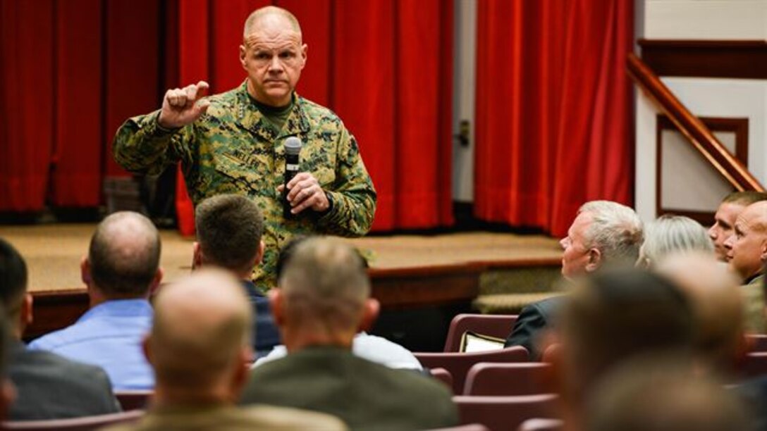 Gen. Robert Neller, the 37th Commandant of the Marine Corps, speaks to participants at the Marine Corps Warfighting Lab’s Force Development 25 Innovation Symposium at Marine Corps Base Quantico recently. Speakers at the symposium discussed future warfare capabilities and ideas.