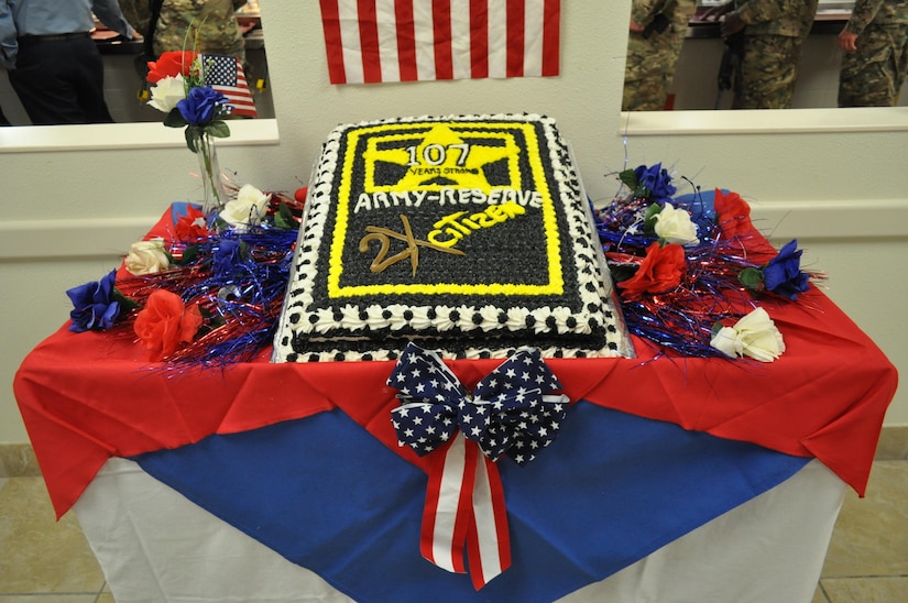 The birthday cake celebrating the 107th year of the U.S. Army Reserve was prepared by the staff at the Maj. Chester Garret Dining Facility on McGregor Range, N.M.