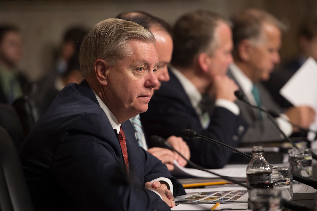 U.S. Sen. Lindsey Graham of South Carolina, left, listens as Defense Secretary Ash Carter testifies on the Defense Department's proposed fiscal year 2017 budget before the Senate Armed Services Committee in Washington, D.C., March 17, 2016. DoD photo by Air Force Senior Master Sgt. Adrian Cadiz