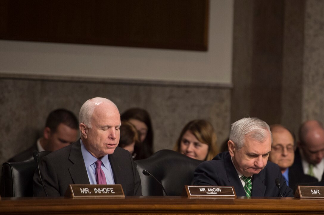 U.S. Sen. John McCain of Arizona questions Defense Secretary Ash Carter (not pictured) during a hearing on the Defense Department's proposed fiscal year budget before the Senate Armed Services Committee in Washington, D.C., March 17, 2016. DoD photo by Air Force Senior Master Sgt. Adrian Cadiz