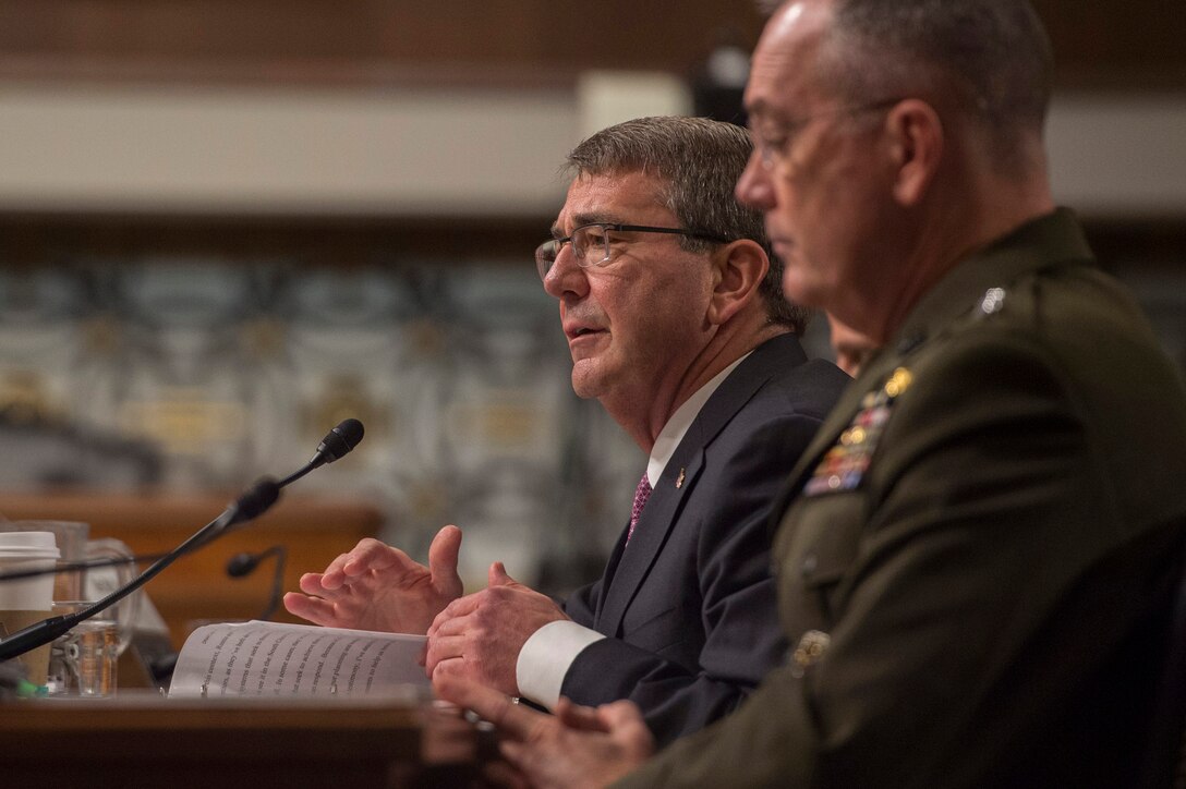 Defense Secretary Ash Carter testifies on the Defense Department's proposed fiscal year 2017 budget during a posture hearing before the Senate Armed Services Committee as Marine Corps Gen. Joseph F. Dunford Jr., chairman of the Joint Chiefs of Staff, looks on in Washington, D.C., March 17, 2016. DoD photo by Senior Master Sgt. Adrian Cadiz