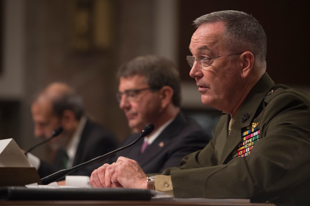 Marine Corps Gen. Joseph Dunford, chairman of the Joint Chiefs of Staff, testifies on the Defense Department's proposed fiscal year 2017 budget as Defense Secretary Ash Carter listens before the Senate Armed Services Committee in Washington, D.C., March 17, 2016. DoD photo by Air Force Senior Master Sgt. Adrian Cadiz