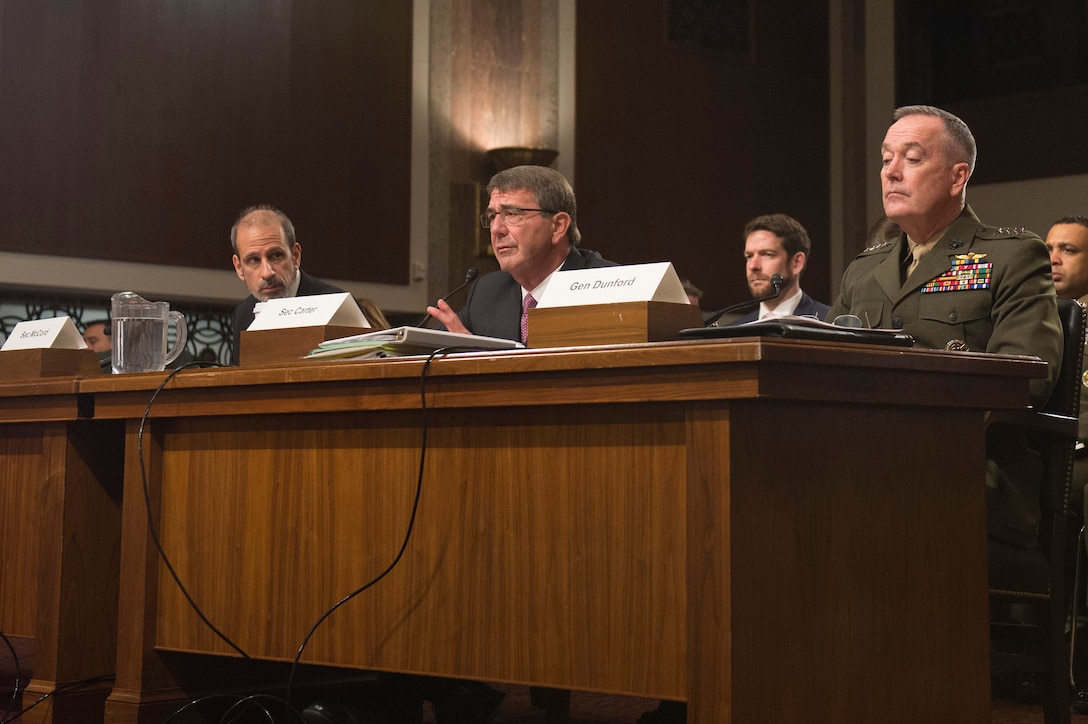Defense Secretary Ash Carter, center, testifies on the Defense Department's proposed fiscal year 2017 budget before the Senate Armed Services Committee in Washington D.C., March 17, 2016. Marine Corps Gen. Joseph F. Dunford Jr., chairman of the Joint Chiefs of Staff, and Mike McCord, the department's comptroller, left, also testified. DoD photo by Air Force Senior Master Sgt. Adrian Cadiz