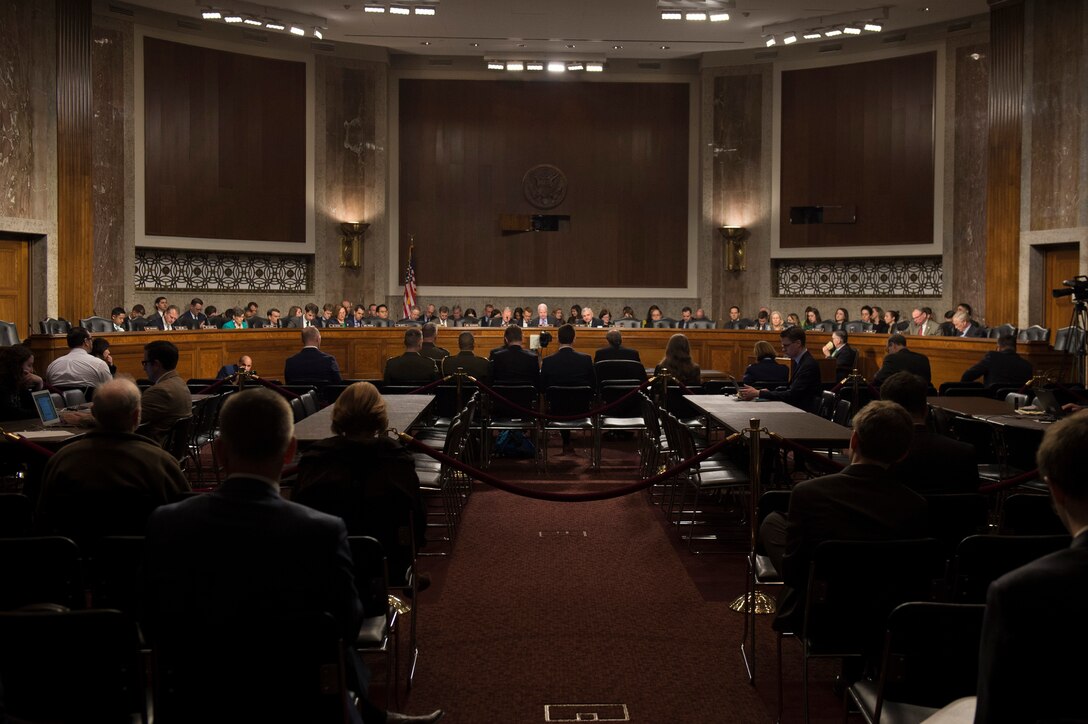 Defense Secretary Ash Carter and Marine Corps Gen. Joseph F. Dunford Jr., chairman of the Joint Chiefs of Staff, testify on the Defense Department's proposed fiscal year 2017 budget before the Senate Armed Services Committee in Washington, D.C., March 17, 2016. DoD photo by Air Force Senior Master Sgt. Adrian Cadiz
