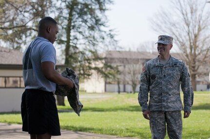 Command Sgt. Major Carlos Lopes, Command Sgt. Major of the 655th Regional Support Command, inspects competitors of the 316th Sustainment Command (Expeditionary) Best Warrior Competition during a layout formation for the competition at Fort Knox, Ky., March 15, 2016. (U.S. Army photo by Staff Sgt. Dalton Smith/Released)