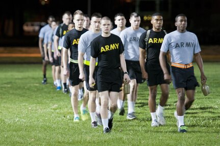 U.S. Army Reserve Soldiers, competing in the 316th Sustainment Command (Expeditionary) Best Warrior Competition, march in formation to a field to conduct the Army Physical Fitness Test at Fort Knox, Ky., March 16, 2016. (U.S. Army photo by Staff Sgt. Dalton Smith/Released)