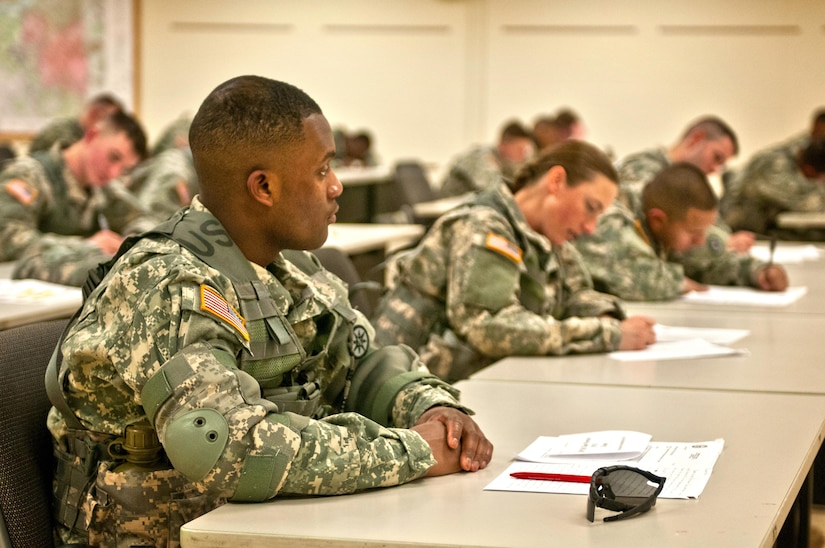 U.S. Army Reserve Soldiers compete the essay portion of the 316th Sustainment Command (Expeditionary) Best Warrior Competition at Fort Knox, Ky., March 16, 2016. (U.S. Army photo by Staff Sgt. Dalton Smith/Released)