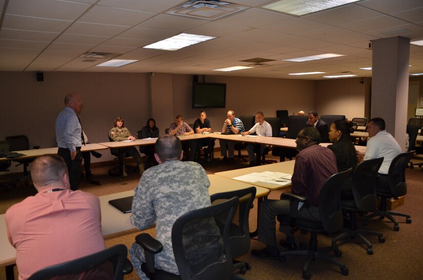 Mr. James Balocki, United States Army Reserve Command’s executive officer and director, services and installations, addresses Soldier and Civilians of the Army Reserve Sustainment Command and the Deployment Support Command during a town hall meeting. Balocki spent the day learning about their capabilities and mission support. 