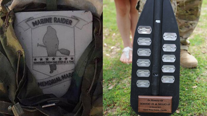 A plate and paddle carrying the names of fallen Marines will be carried by participants of a 770-mile ruck from Navarre, Florida, to Marine Corps Base Camp Lejeune, North Carolina to honor 11 service members who died in a helicopter crash one year ago. For the next 10 days, the ruckers will walk in seven teams and trade off every 10-11 miles, about 110 miles each, until they get there.. 