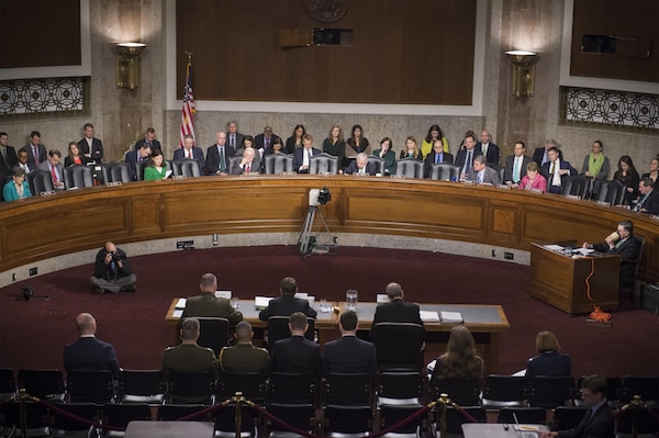 U.S. Marine Gen. Joseph F. Dunford, chairman of the Joint Chiefs of Staff,  testifies before the Senate Armed Services Committee on the Department of Defense budget posture in review of the Defense Authorization Request for Fiscal Year 2017 and the Future Years Defense Program in Washington D.C., March 17, 2015. Secretary of Defense Ash Carter was also in attendance.