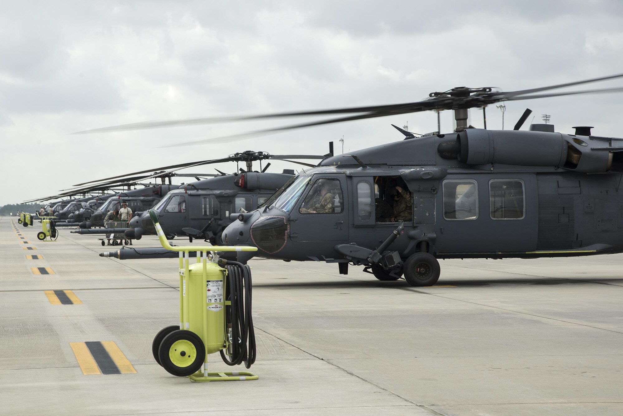 HH-60G Pave Hawk helicopters rest on the flightline March 16, 2016, at Moody Air Force Base, Ga. The primary mission of the HH-60G is to conduct day and night combat search and rescue operations. (U.S. Air Force Photo by Airman 1st Class Janiqua P. Robinson/Released)