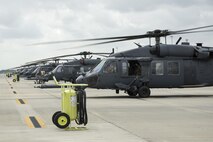 HH-60G Pave Hawk helicopters rest on the flightline March 16, 2016, at Moody Air Force Base, Ga. The primary mission of the HH-60G is to conduct day and night combat search and rescue operations. (U.S. Air Force Photo by Airman 1st Class Janiqua P. Robinson/Released)