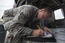U.S. Air Force Senior Airman John Dwinell, 41st Helicopter Maintenance Unit crew chief journeyman, annotates the maintenance performed on an HH-60G Pave Hawk helicopter, March 16, 2016, at Moody Air Force Base, Ga. Airmen assigned to the 41st HMU must keep track of all maintenance performed on the HH-60Gs to ensure mission readiness. (U.S. Air Force Photo by Airman 1st Class Janiqua P. Robinson/Released)