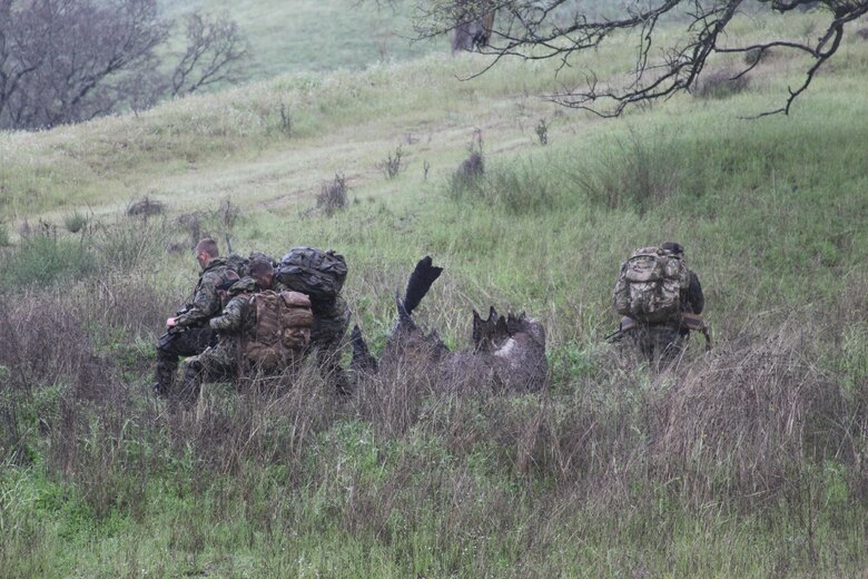 A reconnaissance team with 4th Force Reconnaissance Company, 4th Marine Division, Marine Forces Reserve, takes a short security halt, prior to occupying an observation post at Fort Hunter Liggett, Calif., March 8-12, 2016. The diverse landscape gave the Marines a unique training opportunity to increase their skills to be prepared for whatever they could face. (Photo courtesy of 4th Force Recon)