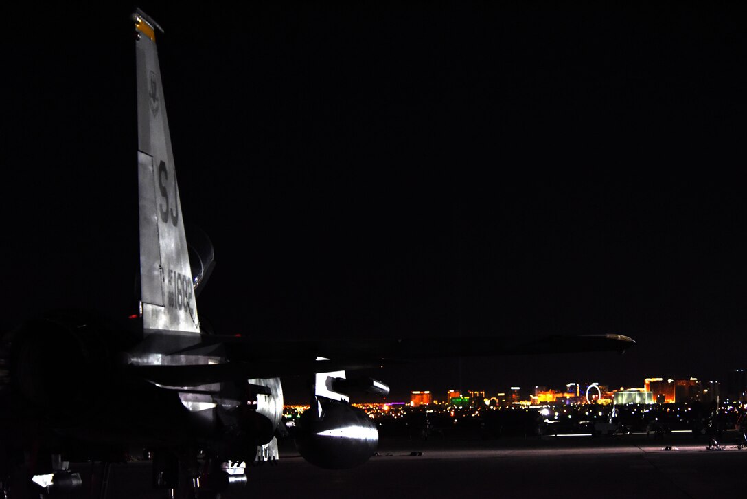 An F-15E Strike Eagle assigned to the 336th Fighter Squadron waits for a mission during Red Flag 16-2 at Nellis Air Force Base, Nevada, March 9, 2016. The 336th FS sent more than 10 Strike Eagles, along with maintenance Airmen to participate in the Air Force's premier training exercise. (U.S. Air Force photo/Staff Sgt. Chuck Broadway)