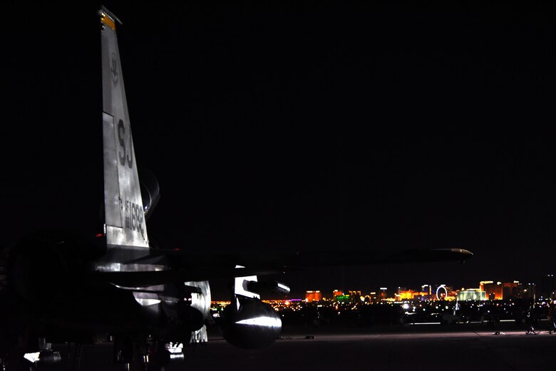 An F-15E Strike Eagle assigned to the 336th Fighter Squadron waits for a mission during Red Flag 16-2 at Nellis Air Force Base, Nevada, March 9, 2016. The 336th FS sent more than 10 Strike Eagles, along with maintenance Airmen to participate in the Air Force's premier training exercise. (U.S. Air Force photo/Staff Sgt. Chuck Broadway)