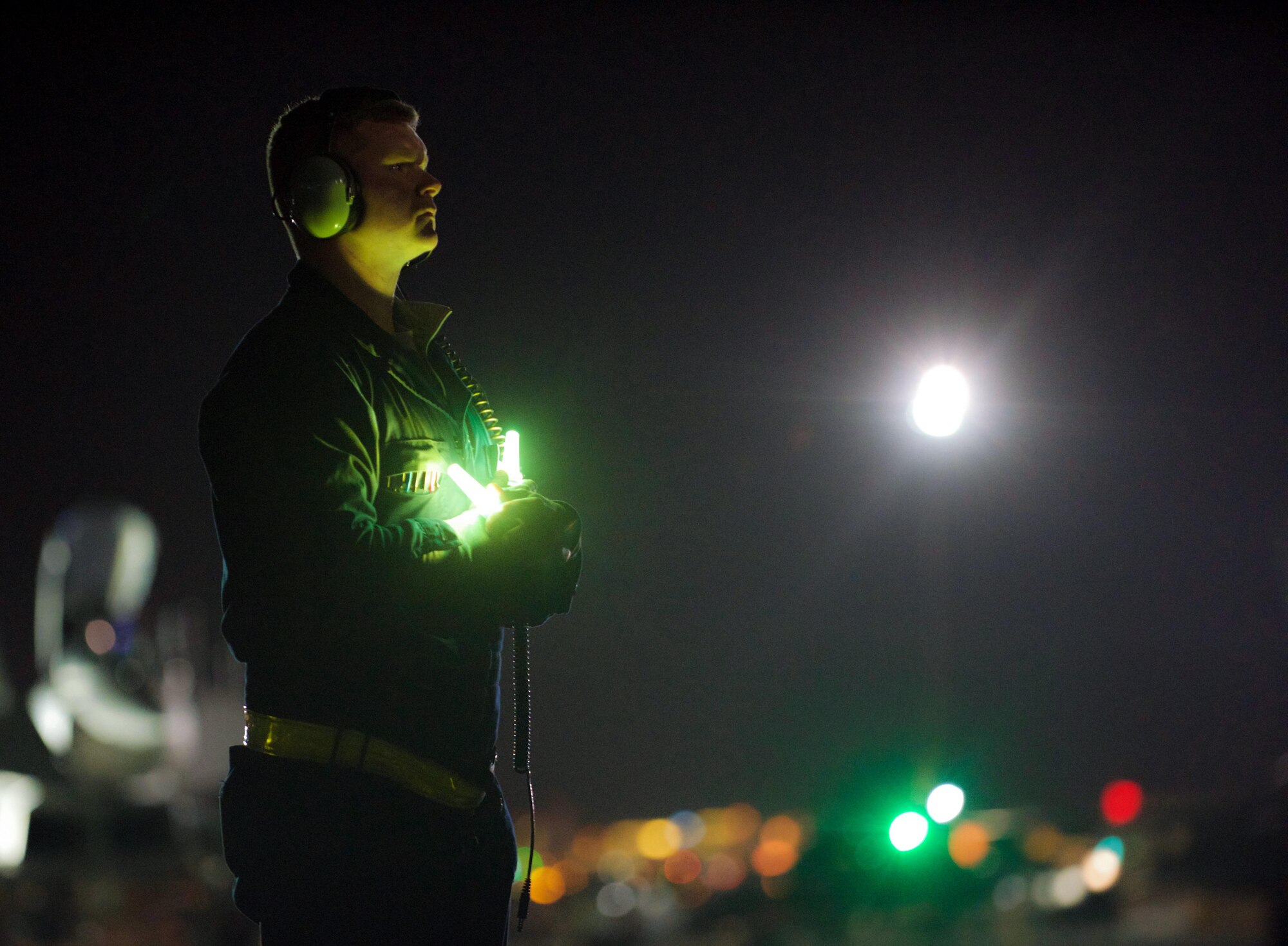 Senior Airman Joseph Krell, a crew chief assigned to the 336th Aircraft Maintenance Squadron at Seymour Johnson Air Force Base, North Carolina, perform an engine test on an F-15E Strike Eagle March 9, 2016 during Red Flag 16-2 at Nellis Air Force Base, Nevada. Strike Eagle aircrew and maintainers participated in the two-week, large-force exercise to enhance warfighting skills along with joint and allied interoperability. (U.S. Air Force photo/Staff Sgt. Michael Charles)
