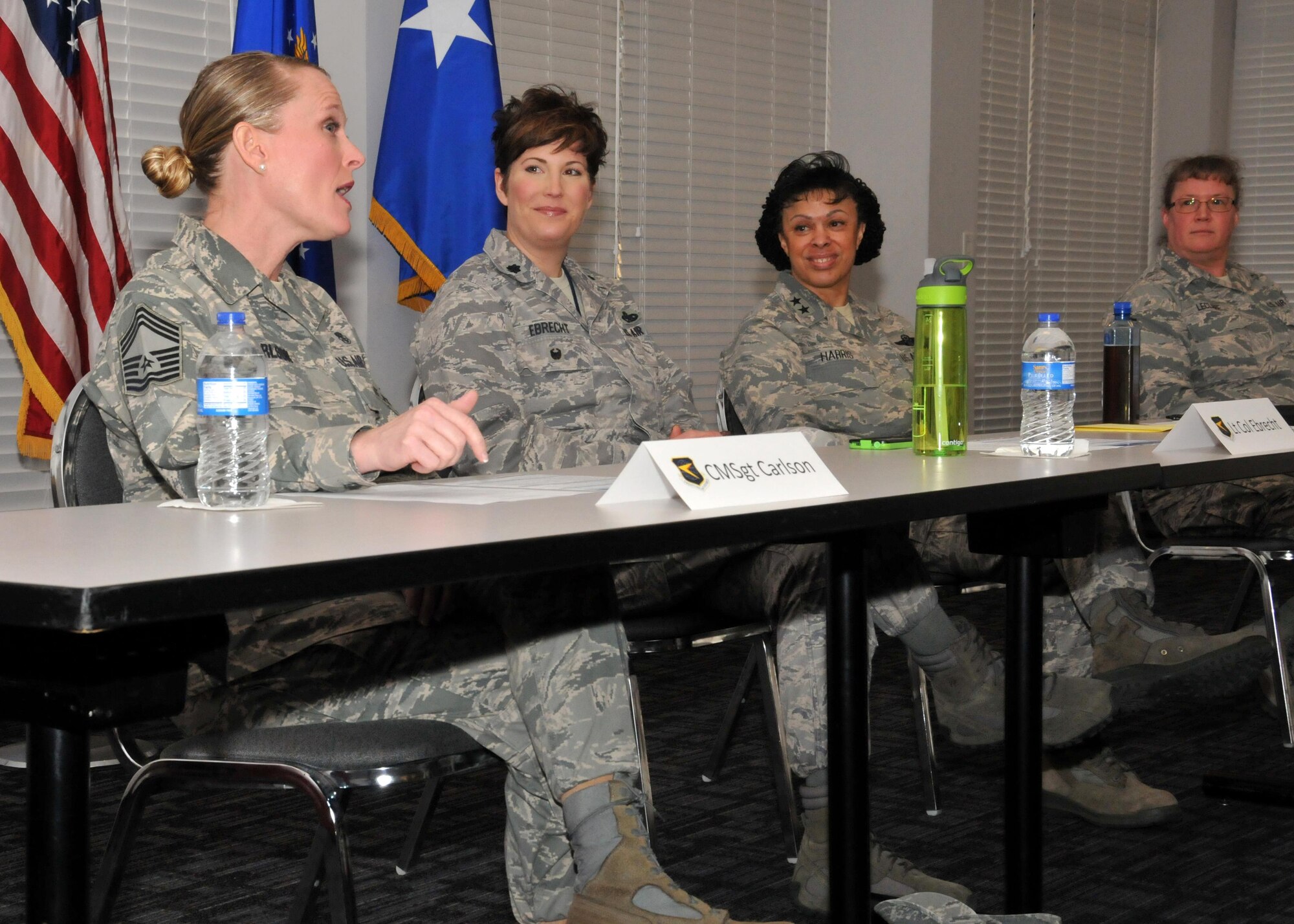Women's History Month Leadership panelists provide information about their career paths to attendees at Dobbins Air Reserve Base, Ga. March 6, 2016. The panel discussion aimed to provide attendees with key insights from senior female leaders regarding career progression into leadership roles for female airmen. (U.S. Air Force photo/Senior Airman Andrew J. Park)