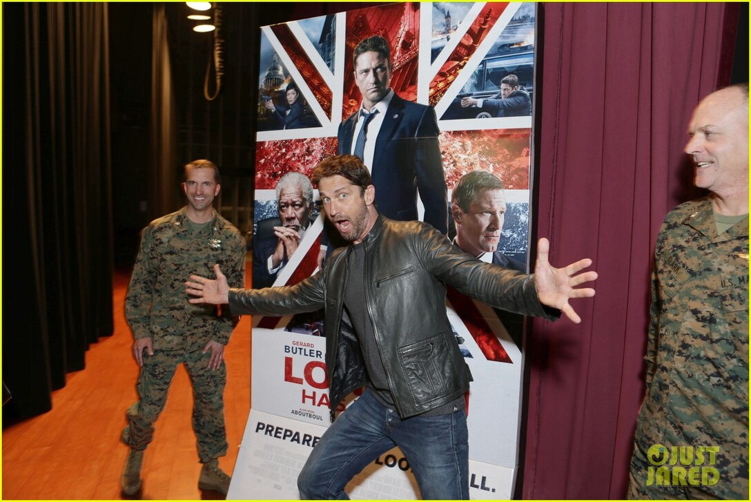 Hollywood star Gerard Butler visited Camp Pendleton, where he screened his new movie, "London Has Fallen," in with military and their families. Butler, escorted by Col. Ian R. Clark and Lt. Col. David Fairleigh, said the troops have always been big supporters of his movies, and this visit was about honoring our real-life 