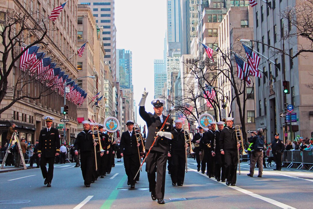 Navy Band Northeast marches up Fifth Avenue during the 255th St. Patrick's Day Parade in New York City, March 17, 2016. Navy photo by Lt. Matthew Stroup