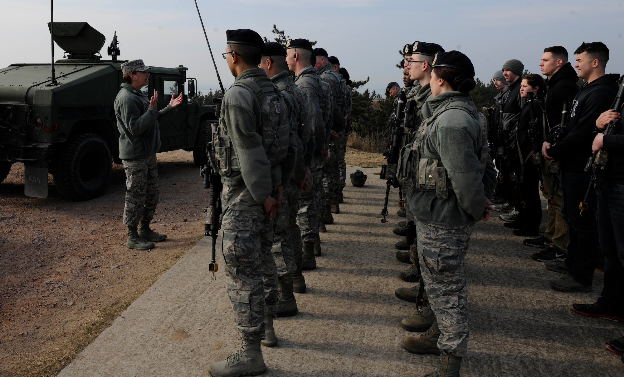 Gen. Lori J. Robinson, Pacific Air Forces commander, thanks 8th Security Forces Squadron Airmen for everything they do to defend the base during her visit to Kunsan Air Base, Republic of Korea, March 17, 2016. Robinson had the opportunity to see firsthand how Kunsan Airmen contribute to deterring aggression on the Korean Peninsula during her visit.
