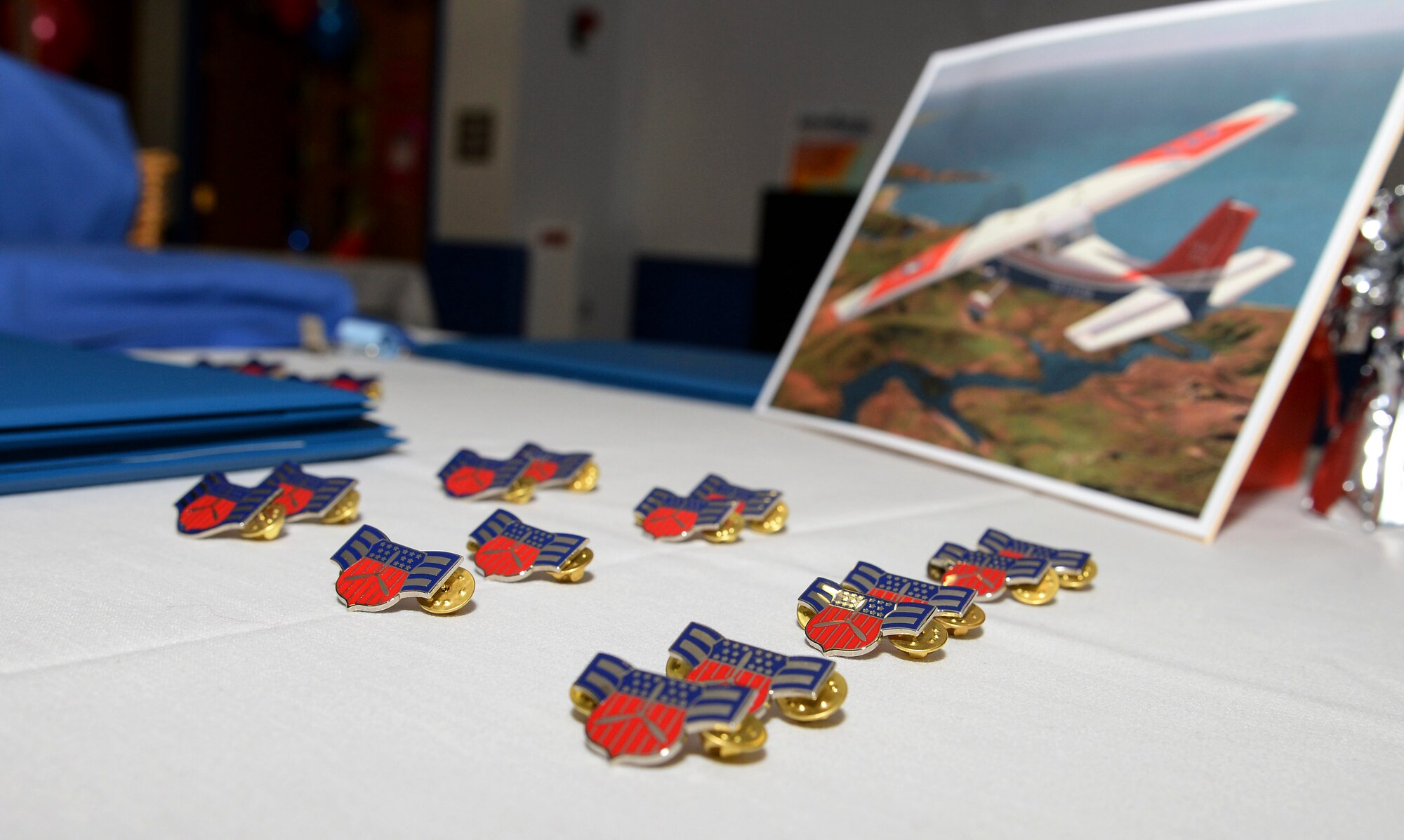 Civil Air Patrol cadet ranks lay on a table during the CAP dining out March 12, 2016, at the Liberty Club on RAF Lakenheath, England. The Mildenhall Cadet Squadron celebrated its first year with a dining out since the unit was activated on March 2, 2015. Select cadets were promoted and recognized during the event. (U.S. Air Force photo by Staff Sgt. Micaiah Anthony/Released)