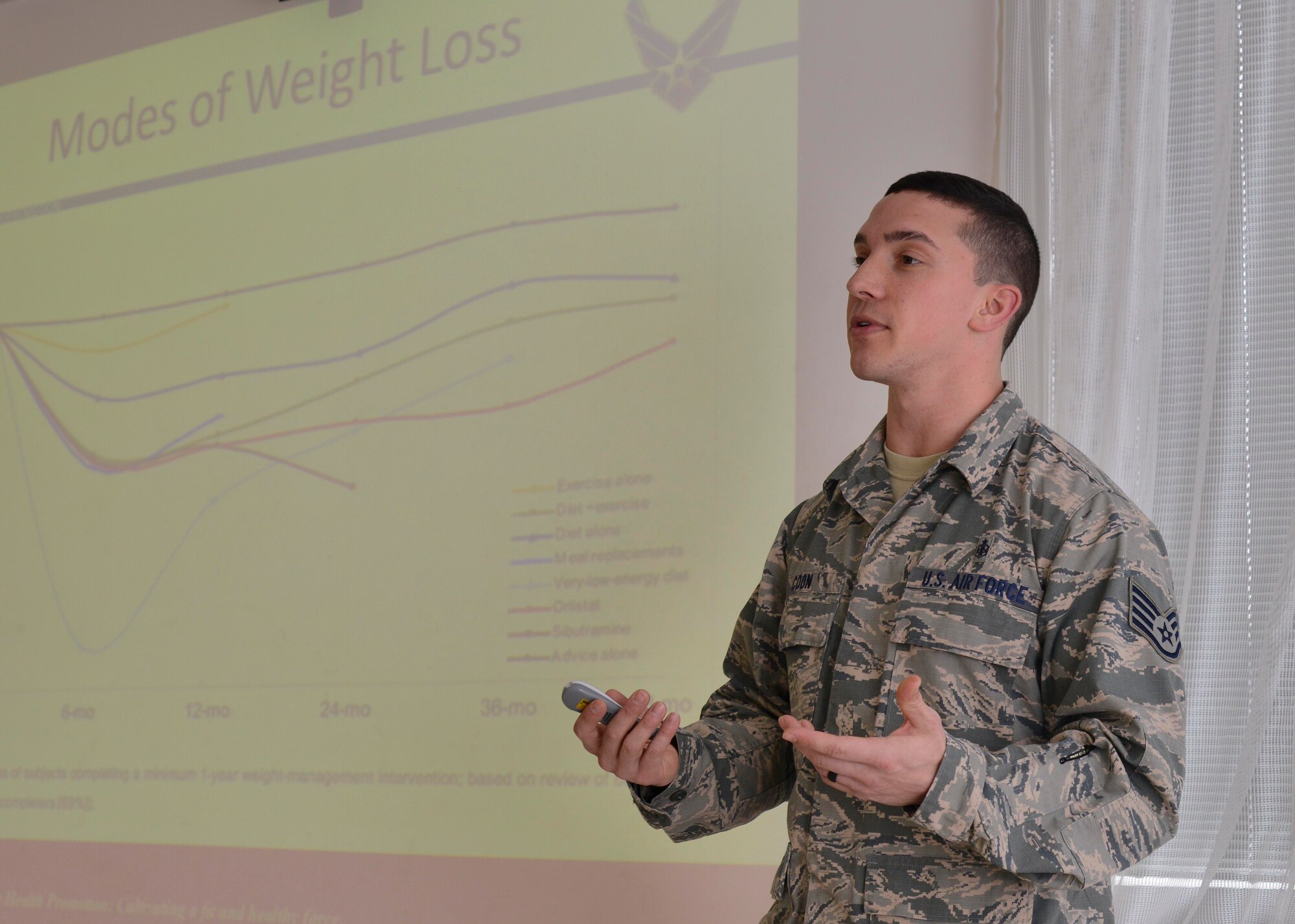 Staff Sgt. Steven Coon, 31st Medical Support Squadron diet therapy technician teaches a BeWell nutrition class, March 15, 2016, at Aviano Air Base, Italy. Nutritional medicine staff members teach InForma classes and provide nutritional counseling services without the need for referral. (U.S. Air Force photo by Senior Airman Austin Harvill/Released)
