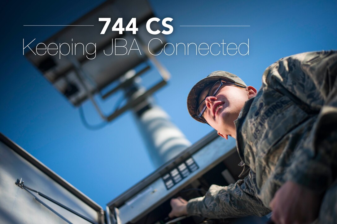 Airman 1st Class Jason Geiger, 744th Communications Squadron radio frequency transmissions technician, inspects the base notification system giant voice at Joint Base Andrews, Md., March 17, 2016. RF transmission technicians conduct routine inspections to ensure equipment is properly maintained. (U.S. Air Force by Staff Sgt. Chad C. Strohmeyer/Released)
