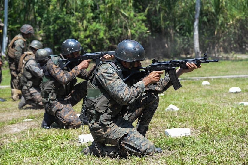 Guatemalan marines fire at targets March 10, 2016, Guatemala, during a live-fire exercise. The Guatemalan marines took part in a four week training course to hone their skills in basic infantry movements and urban operations with the intent of helping them combat drug trafficking organizations. (U.S. Air Force photo by Staff Sgt. Westin Warburton/RELEASED)