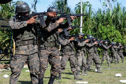 Guatemalan marines practice lining up their sights March 10, 2016, Guatemala, prior to a live-fire exercise. The Guatemalan marines took part in a four week training course to hone their skills in basic infantry movements and urban operations with the intent of helping them combat drug trafficking organizations. (U.S. Air Force photo by Staff Sgt. Westin Warburton/RELEASED)