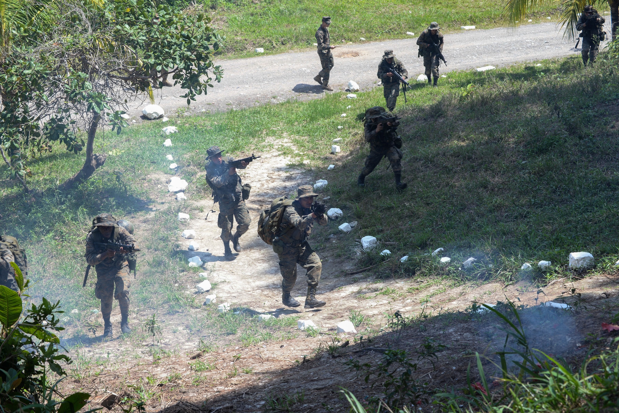 Guatemalan marines undergo a simulated ambushed during a training exercise March 9, 2016, Guatemala, testing their ability to respond to various scenarios when conducting counter drug operations. The Guatemalan marines partnered with U.S. Marine trainers to learn basic infantry movements and squad-level team work, completing a four week training course with a final exercise. (U.S. Air Force photo by Staff Sgt. Westin Warburton/RELEASED)