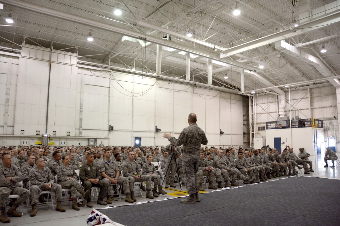 U.S. Air Force Command Chief Master Sergeant of the Air National Guard James W. Hotaling speaks with Airmen from the 145th Airlift Wing during an enlisted “all call” held at the North Carolina Air National Guard Base, Charlotte Douglas International Airport, March 12, 2016. Airmen were given the opportunity to interact with Hotaling by asking questions about the Air Force and the Air National Guard. Hotaling discussed his key focus areas of renewing of the commitment to the profession of arms, the health of the force, and recognizing the 145th Airlift Wing’s accomplishments. (U.S. Air National Guard photo by Senior Airman Laura J. Montgomery/Released)