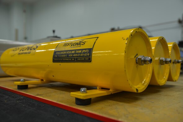 A precision volume tank sits on a counter within the Precision Measurement Equipment Laboratory shop at Yokota Air Base, Japan, Feb. 22, 2016. The tank is used to test pressure on a C-130 Hercules for altitude and air speed. (U.S. Air Force photo by Senior Airman David Owsianka/Released)