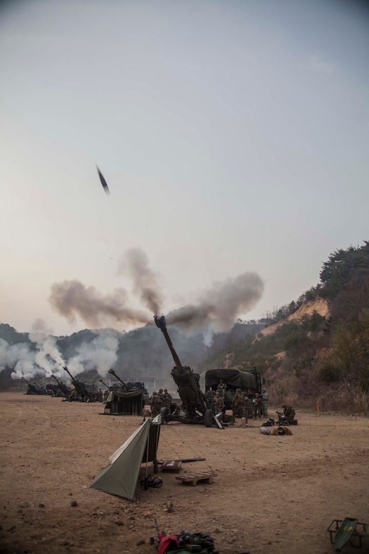 U.S. Marines with Golf Battery, Battalion Landing Team 1st Battalion, 5th Marines, 31st Marine Expeditionary Unit, and Republic of Korea Marines assigned to Bravo Battery, 11th Battalion, 1st ROK Division, conduct artillery fire missions at Sanseori, South Korea, as part of Exercise Ssang Yong 16, March 15, 2016. Ssang Yong is a biennial combined amphibious exercise conducted by U.S. forces with the Republic of Korea Navy and Marine Corps, Australian Army and Royal New Zealand Army forces in order to strengthen interoperability and working relationships across a wide range of military operations.  The Marines and sailors of the 31st MEU are currently deployed to Korea as part of their spring deployment of the Asia-Pacific region. (U.S. Marine Corps Photo by Gunnery Sgt. Ismael Pena/Released)