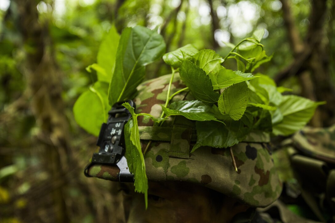 Japan Ground Self-Defense Force members provide security Mar. 11, at Kin Blue, Okinawa, Japan. Staying camouflaged was a key part of the mission, ensuring the JGSDF don’t get detected by the simulated enemy force. The JGSDF observed U.S. Marines with 3rd Reconnaissance Battalion, 3rd Marine Division, III Marine Expeditionary Force, conducting raid missions, amphibious training and scout swimmer classes. The JGSDF members are with the 43rd Infantry Regiment, 8th Division, Western Army. (U.S. Marine Corps photo by Cpl. Isaac Ibarra/Released)