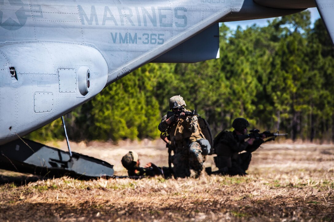 Marines provide security during a casualty evacuation exercise at landing zone Penguin on Camp Lejeune, N.C., March 10, 2016. Marine Corps photo by Lance Cpl. Erick Galera