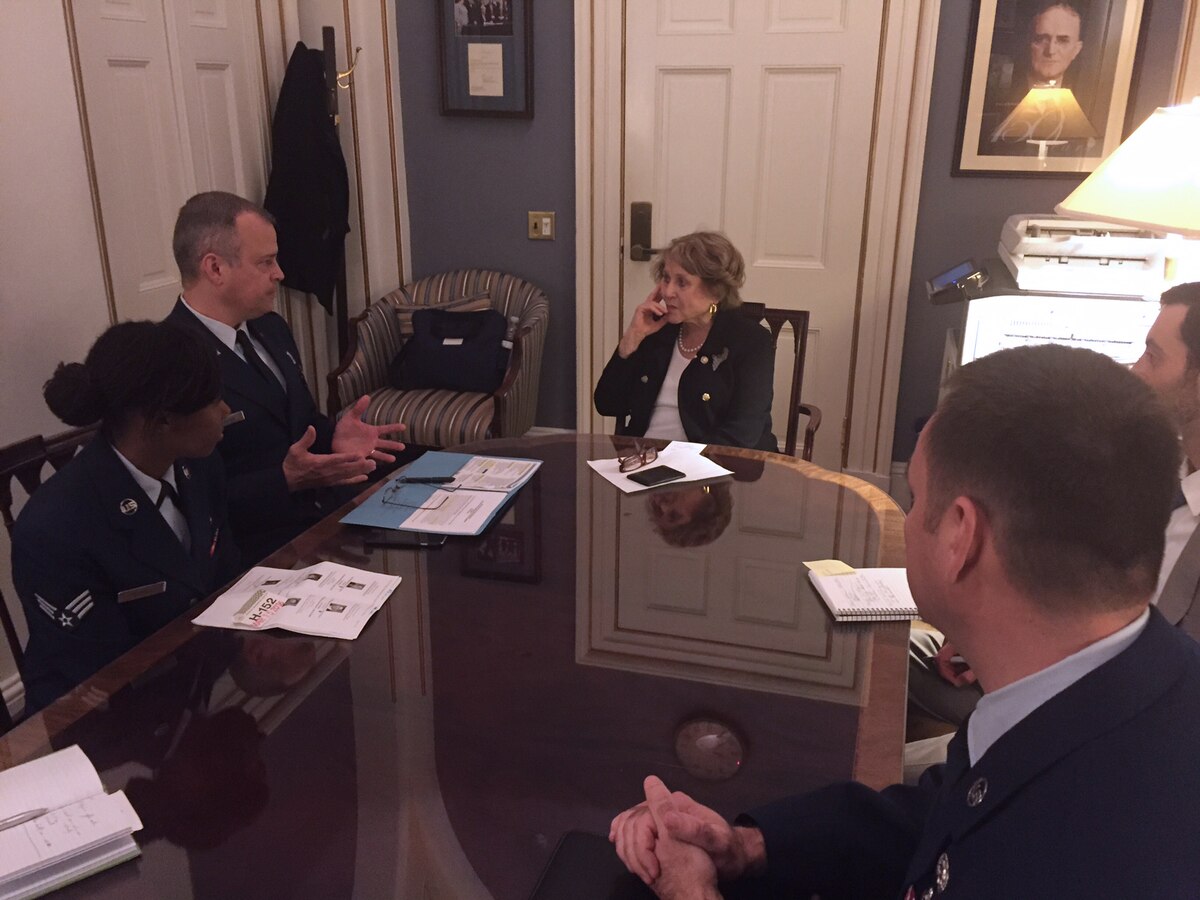 Col. Brian S. Bowman, commander, 914th Airlift Wing, meets with Congresswoman Louise M. Slaughter on March 15, 2016 during the Air Force Reserve Commanders’ Capitol Hill Visit Program. The program is designed to build long-term, face-to-face relationships with members of Congress and their staffs. (U.S. Air Force photo by Lt. Col. Paul DeLano)