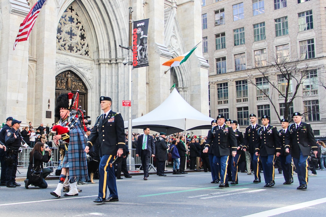 Army Lt. Col. Sean Flynn, foreground, leads his soldiers past St. Patrick's Cathedral on Fifth Avenue during the 255th St. Patrick's Day Parade in New York City, March 17, 2016. Flynn is commander of the New York National Guard's 1st Battalion, 69th Infantry Regiment. Navy photo by Lt. Matthew Stroup