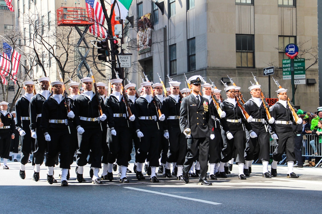 Sailors assigned to the U.S. Navy Ceremonial Guard march up Fifth Avenue during the 255th St. Patrick's Day Parade in New York City, March 17, 2016. Navy photo by Lt. Matthew Stroup