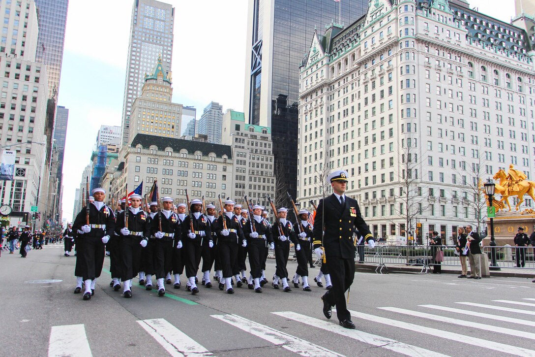 The Navy Ceremonial Guard marches up Fifth Avenue during the 255th St. Patrick's Day Parade in New York City, March 17, 2016. Navy photo by Lt. Matthew Stroup