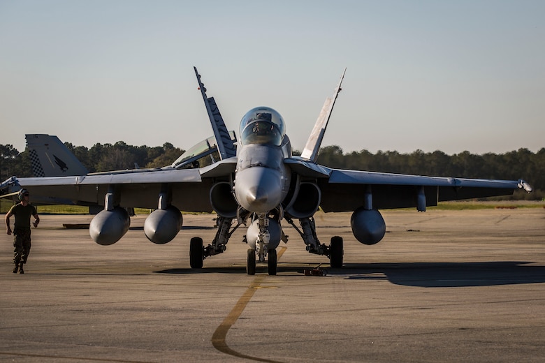 An F/A-18D Hornet returns to Marine Corps Air Station Beaufort March 15. Marine All-Weather Fighter Attack Squadron 224 has been deployed to the Western Pacific since October 2015 as part of the Unit Deployment Program. The Hornet is with VMFA(AW)-224.