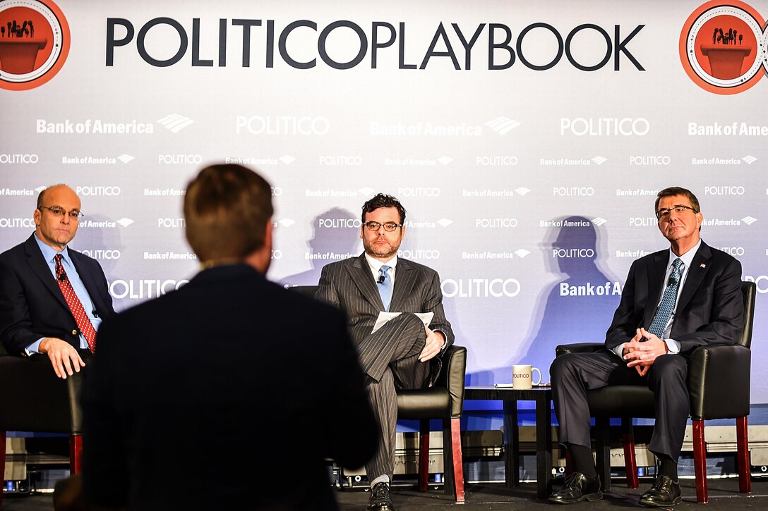 Defense Secretary Ash Carter, right, participates in a Politico playbook breakfast with Mike Allen, left, and Bryan Bender on defense and other issues of the day in Washington, D.C., March 18, 2016. DoD photo by Army Sgt. 1st Class Clydell Kinchen