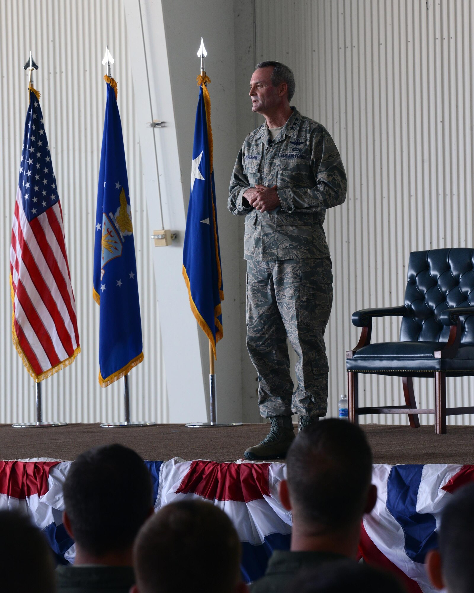 Lt. Gen. Darryl Roberson, commander of Air Education and Training Command, speaks to Airmen and civilians at Laughlin Air Force Base, Texas, March 16, 2016. Roberson talked about how airpower starts here with Laughlin’s mission of graduating flying training students.(U.S. Air Force photo by Senior Airman Jimmie D. Pike)