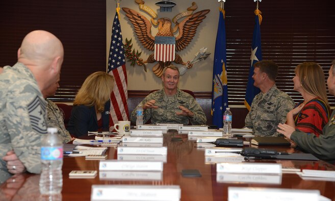 Lt. Gen. Darryl Roberson, commander of Air Education and Training Command, is briefed by members of the 47th Flying Training Wing about base history and operations, March 16, 2016. While at Laughlin, Roberson thanked members of Team XL for their work and reiterated the importance of the 47th FTW’s mission. (U.S. Air Force photo by Airman 1st Class Brandon May)