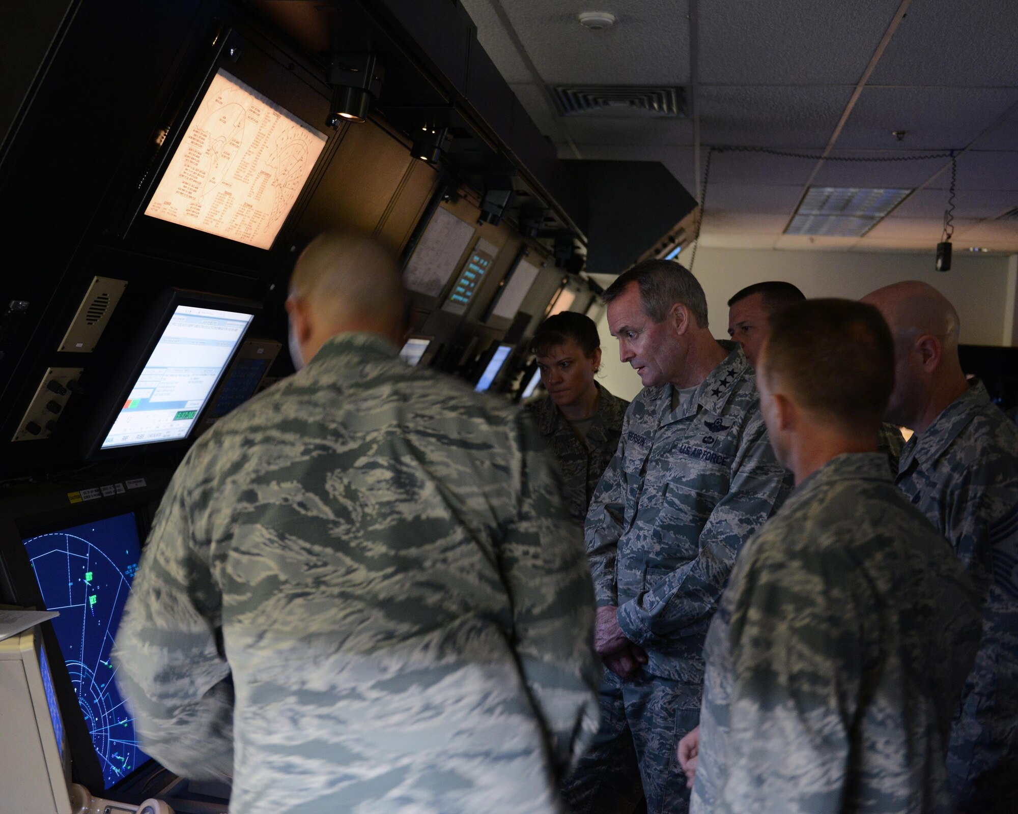 Lt. Gen. Darryl Roberson, commander of Air Education and Training Command, learns more about an air traffic controller’s mission during a base tour at Laughlin Air Force Base, Texas, March 17, 2016. During his visit, Roberson spoke with Airmen throughout the 47th Flying Training Wing and learned more about how they impact the mission. (U.S. Air Force photo by Senior Airman Jimmie D. Pike)