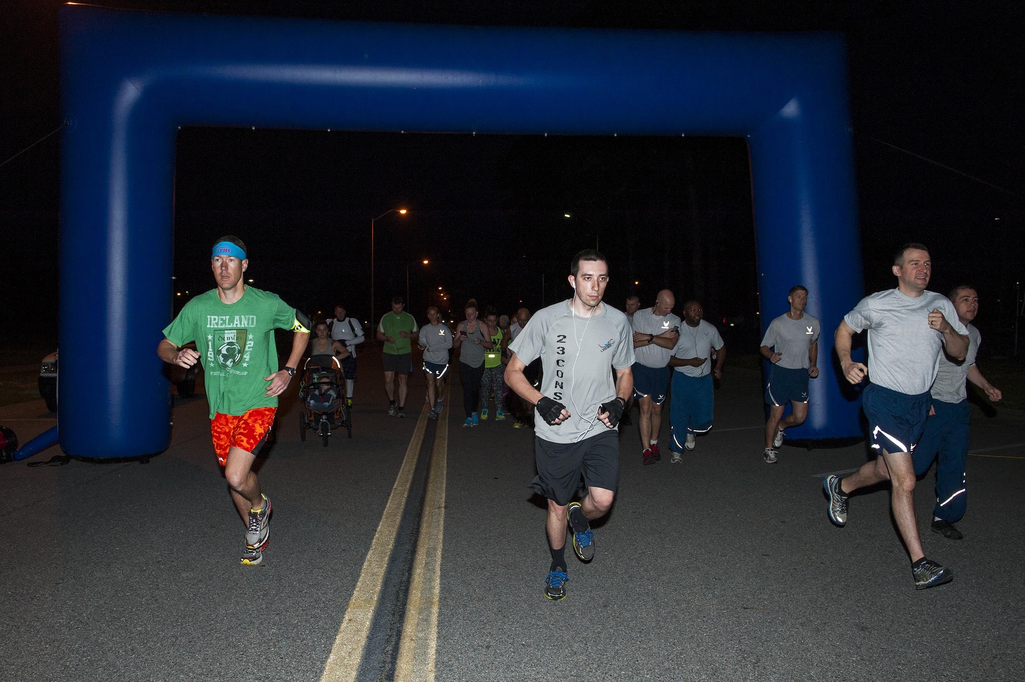 Runners begin the St. Patrick’s Day 5k/10k, March 17, 2016, at Moody Air Force Base, Ga. The fun run was used to boost morale, celebrate St. Patrick’s Day, and encourage Airmen to get out and run. (U.S. Air Force photo by Airman 1st Class Lauren M. Johnson/Released)